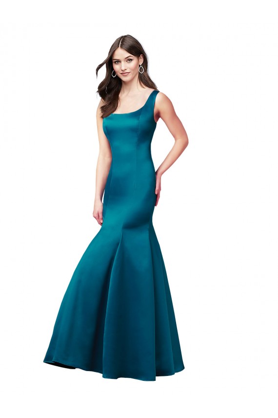 Mermaid Bateau Neck Satin Long Peacock Blue Prom Dress / Bridesmaid Dress Barrie