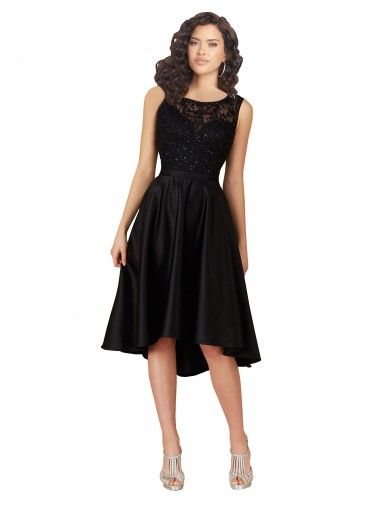 A-Line Illusion Neck Satin & Lace Midi Length Black High Low Bridesmaid Dress Barrie