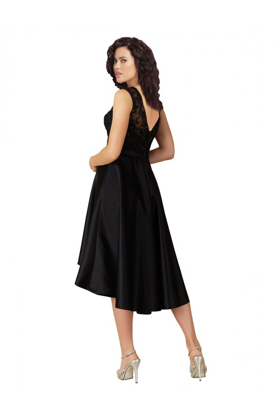A-Line Illusion Neck Satin & Lace Midi Length Black High Low Bridesmaid Dress Barrie