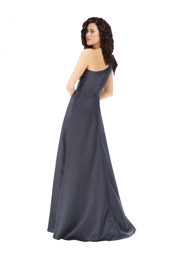 A-Line One Shoulder Satin Long Slate Grey Formal Evening Gown / Prom Dress / Bridesmaid Dress Barrie
