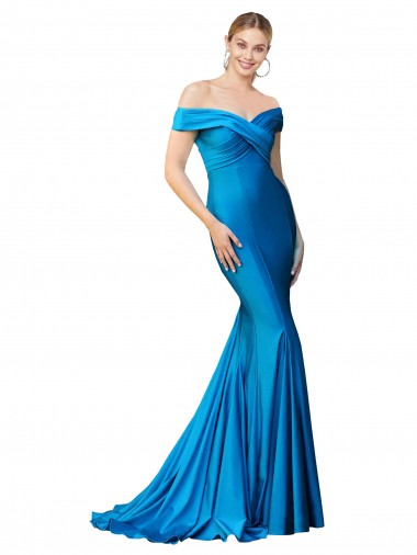 Mermaid High Neck Satin Long Peacock Blue Formal Evening Gown / Prom Dress / Bridesmaid Dress Barrie