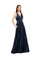 A-Line V-Neck Satin Long Dark Navy Formal Evening Gown / Prom Dress / Bridesmaid Dress Barrie