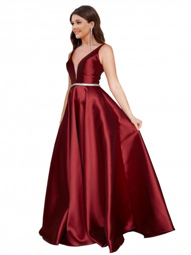A-Line V-Neck Satin Long Burgundy Formal Plus Size Evening Gown / Prom Dress / Bridesmaid Dress Barrie
