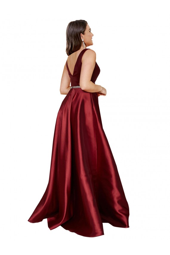 A-Line V-Neck Satin Long Burgundy Formal Plus Size Evening Gown / Prom Dress / Bridesmaid Dress Barrie
