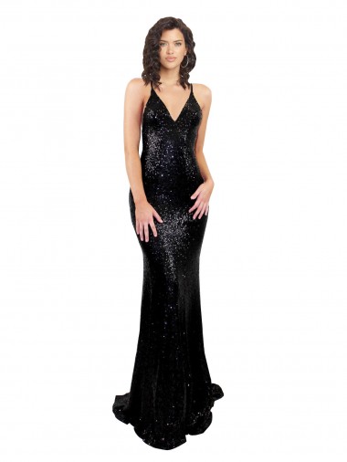 Mermaid V-Neck Sequin Long Black Black Tie Evening Gown / Prom Dress / Bridesmaid Dress Barrie