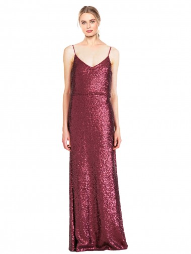 A-Line High Neck Sequin Long Burgundy Formal Evening Gown / Prom Dress / Bridesmaid Dress Barrie