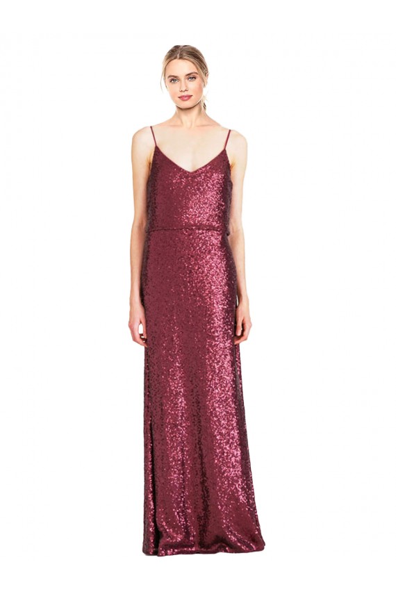 A-Line High Neck Sequin Long Burgundy Formal Evening Gown / Prom Dress / Bridesmaid Dress Barrie