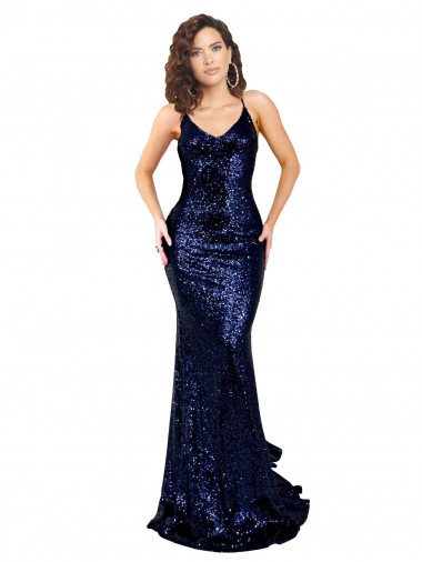 Mermaid V-Neck Sequin Long Dark Navy Formal Evening Gown / Prom Dress / Bridesmaid Dress Barrie