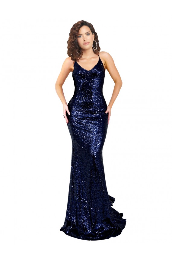 Mermaid V-Neck Sequin Long Dark Navy Formal Evening Gown / Prom Dress / Bridesmaid Dress Barrie