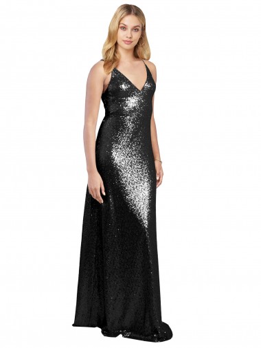 A-Line V-Neck Sequin Long Black Formal Evening Gown / Prom Dress / Bridesmaid Dress Barrie