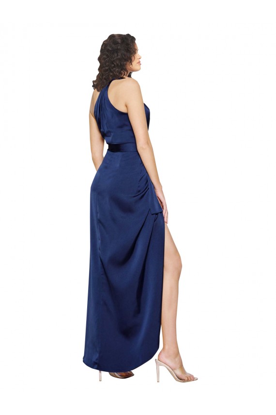 A-Line High Neck Silk like Satin Long Sapphire High Low Evening Gown / Prom Dress / Bridesmaid Dress Barrie