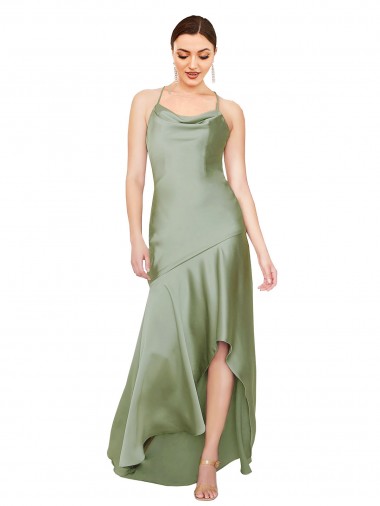 A-Line Cowl Neck Silk like Satin Long Smoke Green High Low Evening Gown / Prom Dress / Bridesmaid Dress Barrie