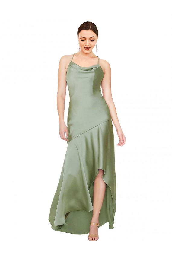 A-Line Cowl Neck Silk like Satin Long Smoke Green High Low Evening Gown / Prom Dress / Bridesmaid Dress Barrie
