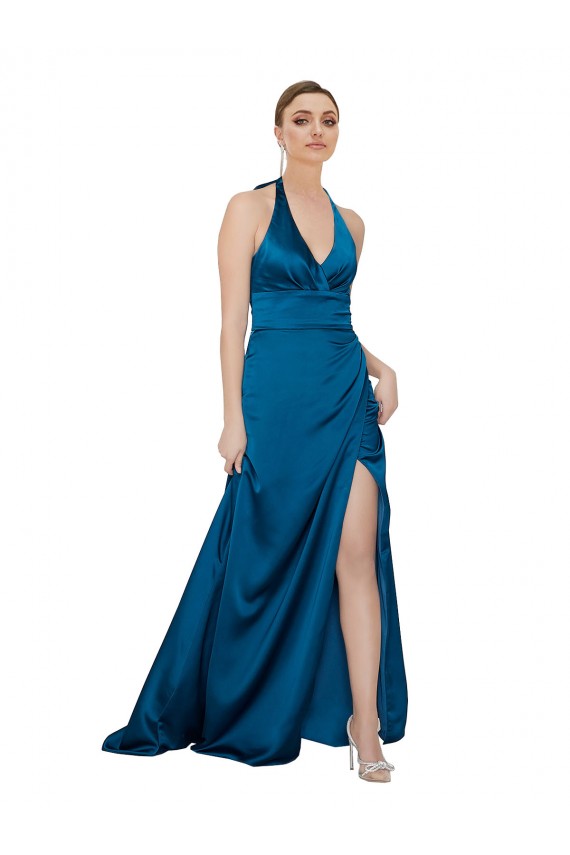 A-Line Halter Neck Silk like Satin Long Peacock Blue Formal Evening Gown / Prom Dress / Bridesmaid Dress Barrie
