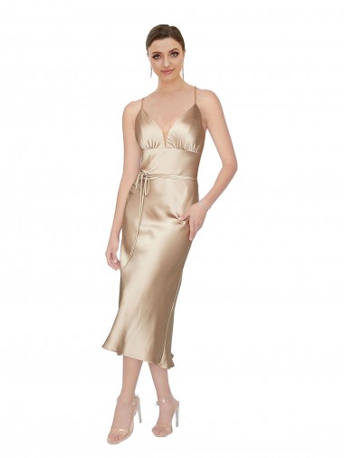 A-Line V-Neck Silk like Satin Midi Length Formal Evening Gown / Prom Dress / Bridesmaid Dress Barrie