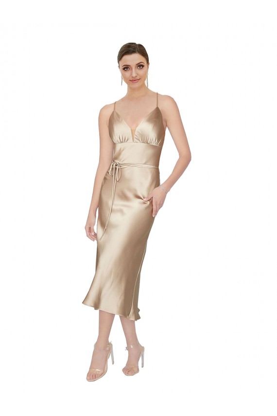 A-Line V-Neck Silk like Satin Midi Length Formal Evening Gown / Prom Dress / Bridesmaid Dress Barrie