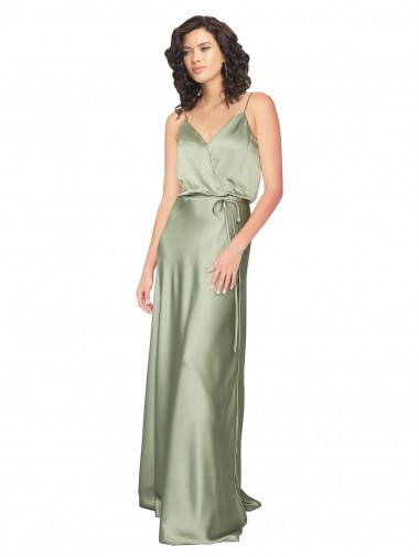 A-Line V-Neck Silk like Satin Long Smoke Green Formal Evening Gown / Bridesmaid Dress Barrie
