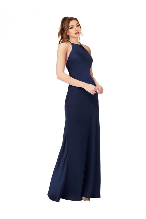 Sheath High Neck Silk like Satin Long Sapphire Formal Evening Gown / Prom Dress / Bridesmaid Dress Barrie