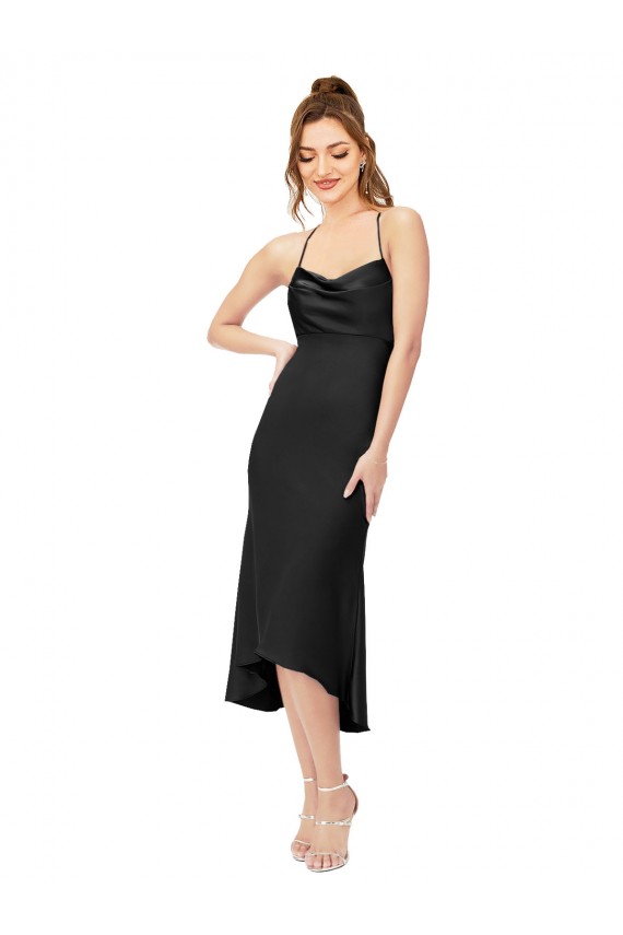 Sheath Cowl Neck Silk like Satin Midi Length Black High Low Evening Gown / Prom Dress / Bridesmaid Dress Barrie