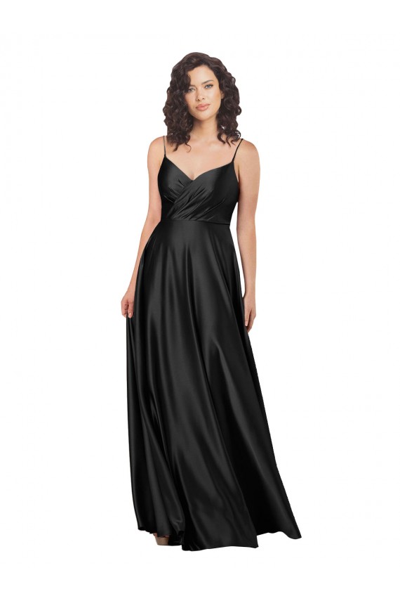 A-Line V-Neck Silk like Satin Long Black Formal Dress / Bridesmaid Dress Barrie