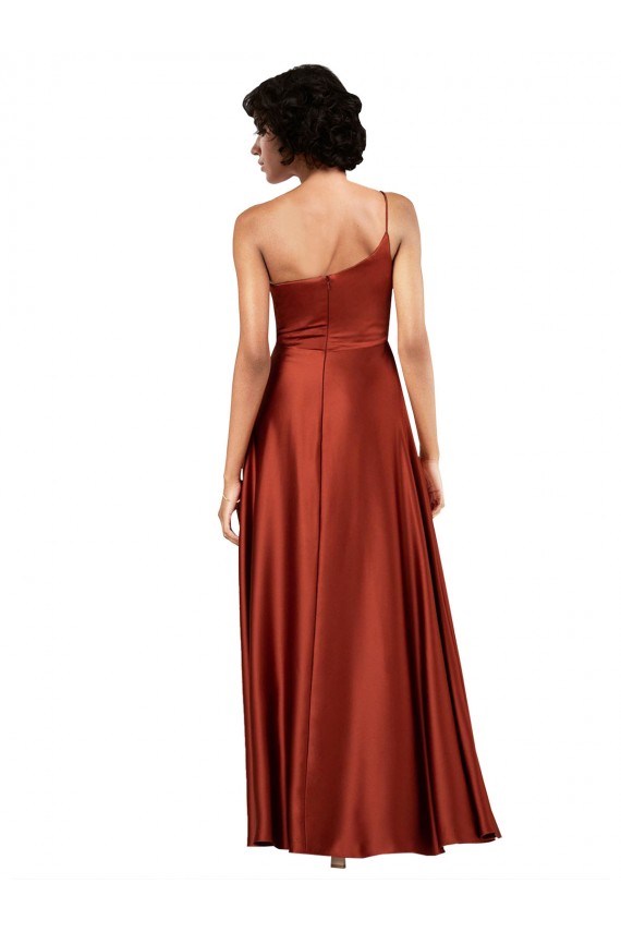 A-Line One Shoulder Silk like Satin Long Burnt Orange Black Tie Evening Gown / Prom Dress / Bridesmaid Dress Barrie