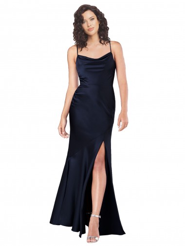 A-Line Cowl Neck Silk like Satin Long Dark Navy Black Tie Evening Gown / Prom Dress / Bridesmaid Dress Barrie
