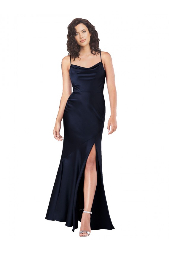 A-Line Cowl Neck Silk like Satin Long Dark Navy Black Tie Evening Gown / Prom Dress / Bridesmaid Dress Barrie
