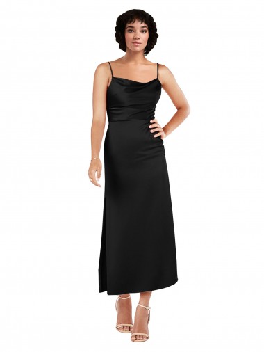 A-Line Cowl Neck Silk like Satin Tea Length Black Formal Evening Gown / Prom Dress / Bridesmaid Dress Barrie