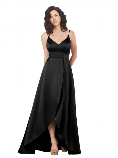 A-Line V-Neck Silk like Satin Long Black High Low Evening Gown / Prom Dress / Bridesmaid Dress Barrie