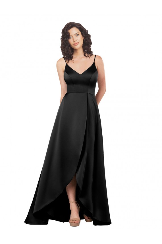 A-Line V-Neck Silk like Satin Long Black High Low Evening Gown / Prom Dress / Bridesmaid Dress Barrie