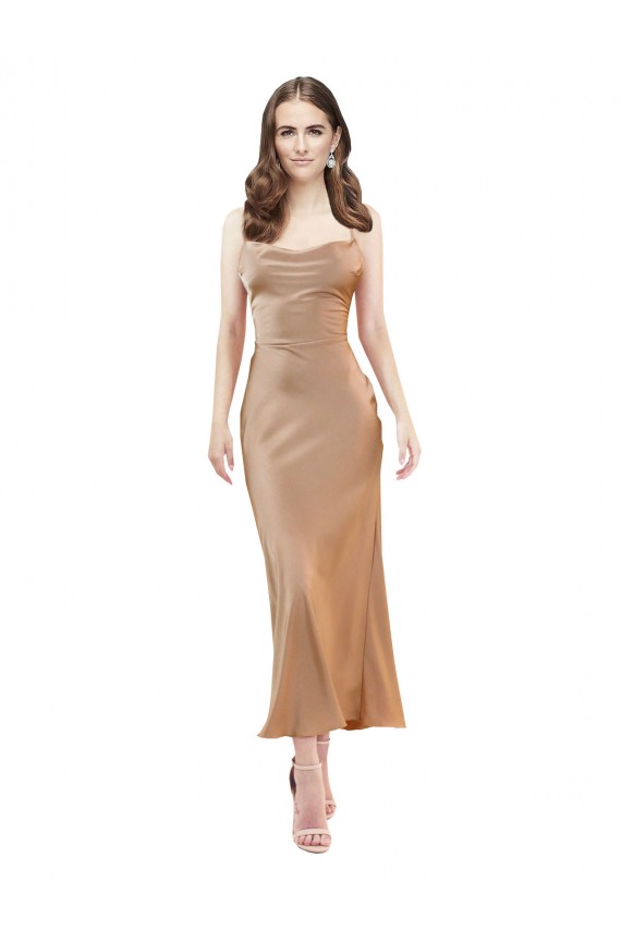 Sheath Cowl Neck Silk like Satin Midi Length Rose Gold Formal Evening Gown / Prom Dress / Bridesmaid Dress Barrie