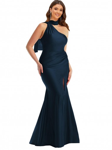 Mermaid Halter Neck Silk like Satin Long Dark Navy Formal Plus Size Evening Gown / Prom Dress / Bridesmaid Dress Barrie