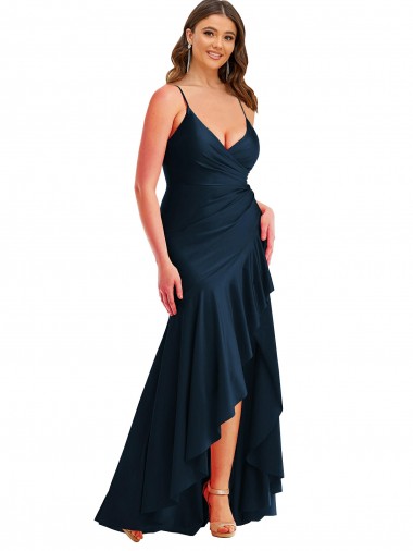 Mermaid Spaghetti Straps Silk like Satin Long Dark Navy High Low Plus Size Evening Gown / Prom Dress / Bridesmaid Dress Barrie