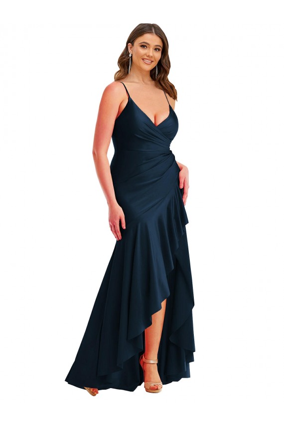 Mermaid Spaghetti Straps Silk like Satin Long Dark Navy High Low Plus Size Evening Gown / Prom Dress / Bridesmaid Dress Barrie