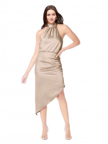 A-Line Halter Neck Silk like Satin Midi Length Champagne Pink High Low Prom Dress / Bridesmaid Dress Barrie
