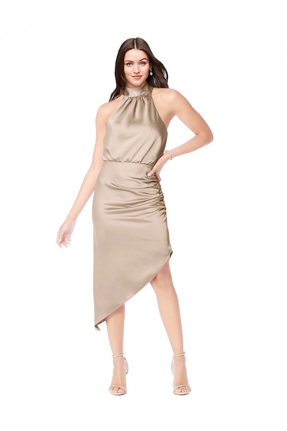 A-Line Halter Neck Silk like Satin Midi Length Champagne Pink High Low Prom Dress / Bridesmaid Dress Barrie