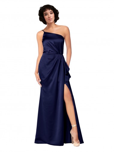 A-Line One Shoulder Silk like Satin Long Sapphire Black Tie Evening Gown / Prom Dress / Bridesmaid Dress Barrie