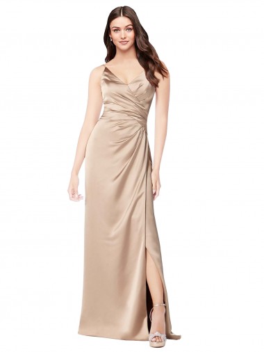 A-Line V-Neck Silk like Satin Long Champagne Pink Formal Evening Gown / Prom Dress / Bridesmaid Dress Barrie