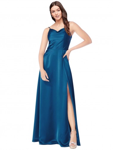 A-Line Cowl Neck Silk like Satin Long Peacock Blue Formal Evening Gown / Prom Dress / Bridesmaid Dress Barrie