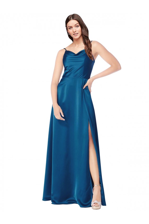 A-Line Cowl Neck Silk like Satin Long Peacock Blue Formal Evening Gown / Prom Dress / Bridesmaid Dress Barrie