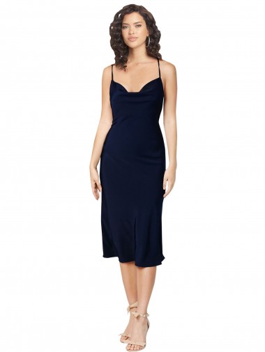 A-Line Cowl Neck Silk like Satin Midi Length Dark Navy Formal Evening Gown / Prom Dress / Bridesmaid Dress Barrie