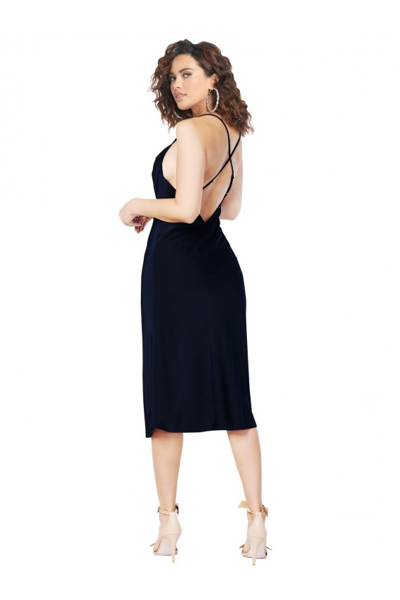 A-Line Cowl Neck Silk like Satin Midi Length Dark Navy Formal Evening Gown / Prom Dress / Bridesmaid Dress Barrie
