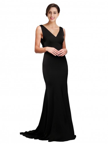 A-Line V-Neck Silk like Satin Sweep Train Black Formal Evening Gown / Prom Dress / Bridesmaid Dress Barrie