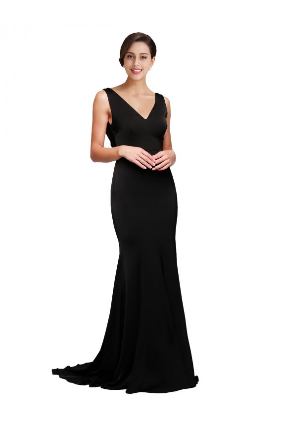 A-Line V-Neck Silk like Satin Sweep Train Black Formal Evening Gown / Prom Dress / Bridesmaid Dress Barrie