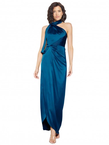 Sheath High Neck Silk like Satin Long Peacock Blue Formal Evening Gown / Prom Dress / Bridesmaid Dress Barrie