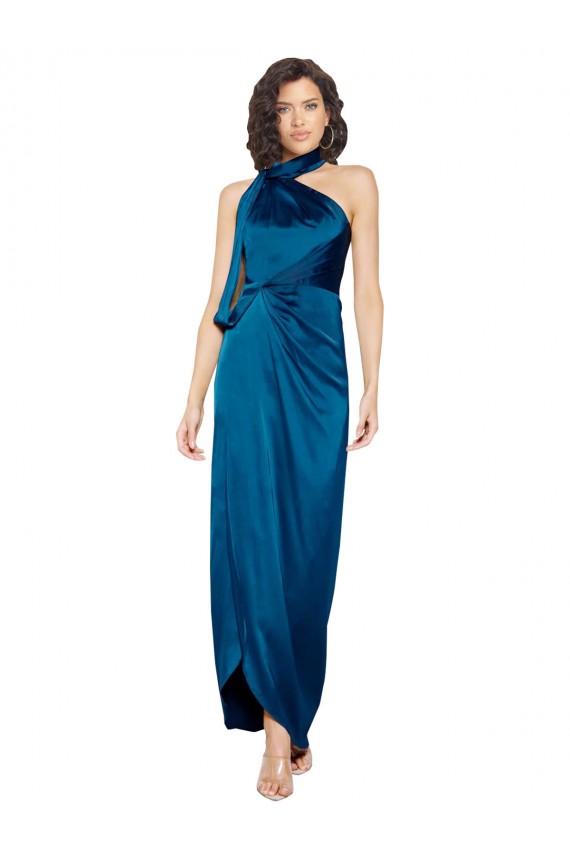 Sheath High Neck Silk like Satin Long Peacock Blue Formal Evening Gown / Prom Dress / Bridesmaid Dress Barrie