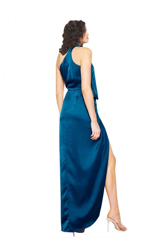 Sheath High Neck Silk like Satin Long Peacock Blue Formal Evening Gown / Prom Dress / Bridesmaid Dress Barrie