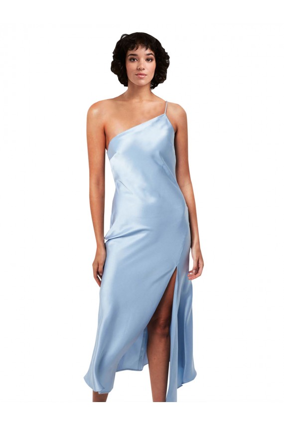 A-Line One Shoulder Silk like Satin Midi Length Light Sky Blue Formal Evening Gown / Prom Dress / Bridesmaid Dress Barrie