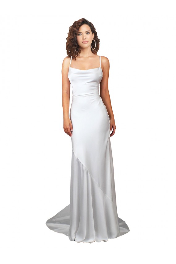 Sheath Cowl Neck Silk like Satin Sweep Train White Beach Wedding Dress Barrie