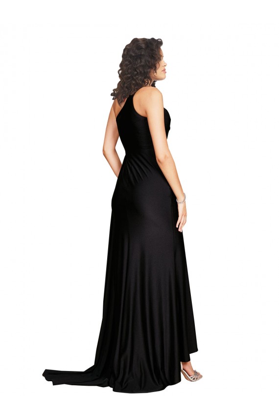 A-Line One Shoulder Silk like Satin Long Black Black Tie Evening Gown / Prom Dress / Bridesmaid Dress Barrie